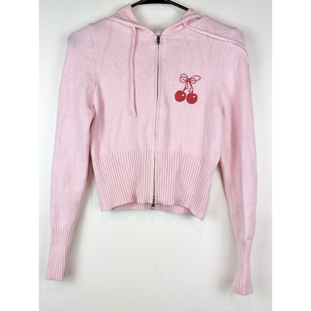 Women's Sweater Cherries Pink Zip-Up Cropped Sz Large Cherry Girl Coquette